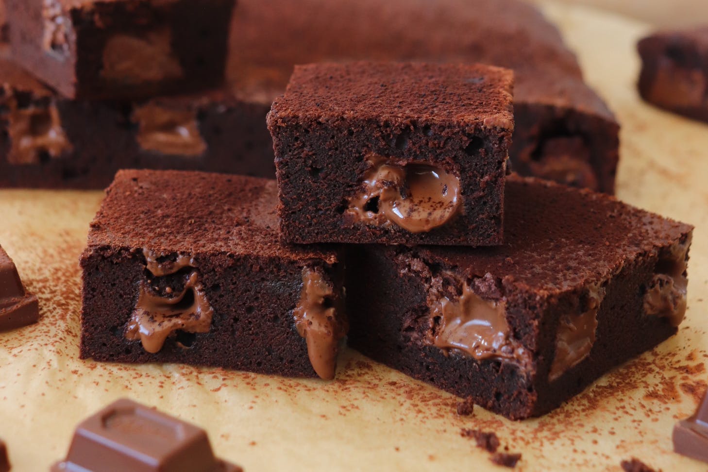 Squares of brownie with melted Hazella chocolate pieces